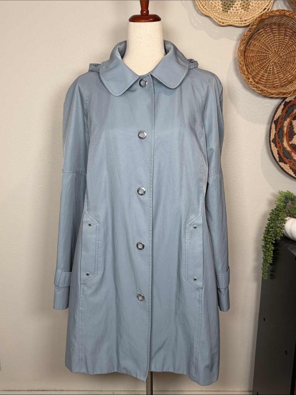 Women’s London Fog Mid Length Trench Rain Coat Blue Gray Water-Resistant Large